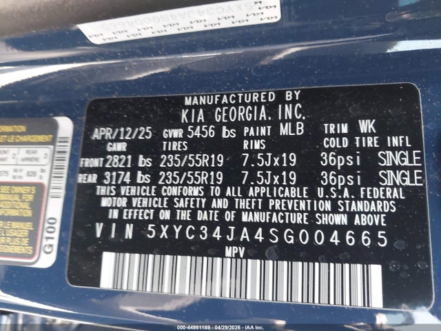 2025 Kia Ev6 Light Long Range Rwd მანქანა იყიდება აუქციონზე, vin: 5XYC34JA4SG004665, აუქციონის ნომერი: 44981189