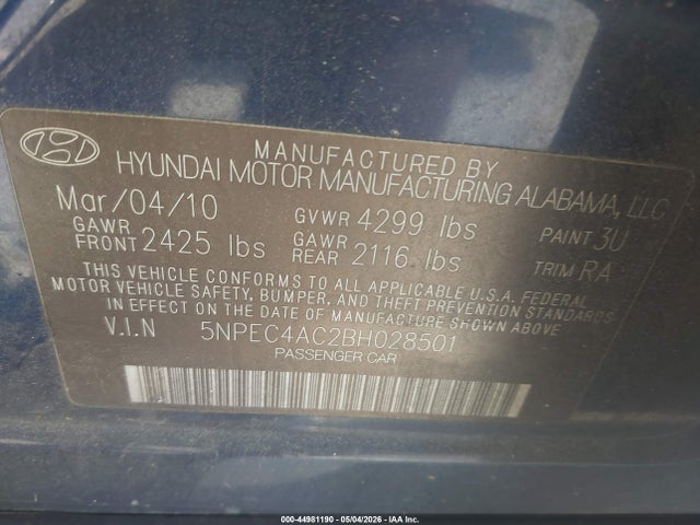44981190 :رقم المزاد ، 5NPEC4AC2BH028501 vin ، 2011 Hyundai Sonata Ltd مزاد بيع
