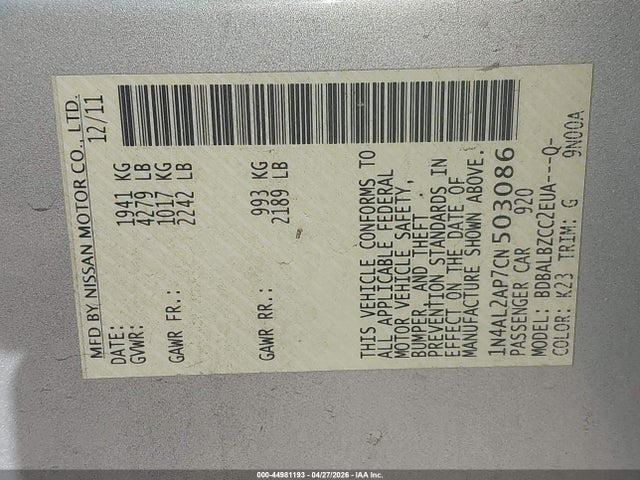 Aukcja sprzedaży 2012 Nissan Altima 2.5 S, vin: 1N4AL2AP7CN503086, numer aukcji: 44981193