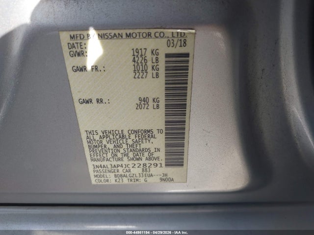2018 Nissan Altima 2.5 S მანქანა იყიდება აუქციონზე, vin: 1N4AL3AP4JC228291, აუქციონის ნომერი: 44981194