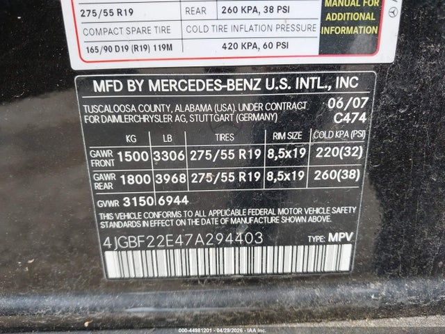44981201 :رقم المزاد ، 4JGBF22E47A294403 vin ، 2007 Mercedes-benz Gl 320 Cdi 4matic مزاد بيع