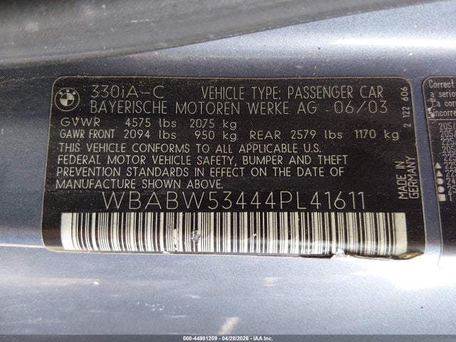 Продаж на аукціоні авто 2004 Bmw 330ci, vin: WBABW53444PL41611, номер лоту: 44981209