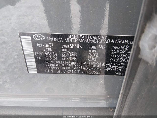 Продаж на аукціоні авто 2022 Hyundai Santa Fe Sel, vin: 5NMS24AJ1NH450555, номер лоту: 44981210