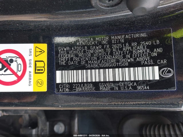 58ABK1GG8GU011508 Lexus ES 350