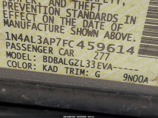 1N4AL3AP7FC459614 Nissan Altima 2.5/2.5 S/2.5 Sl/2.5 Sv