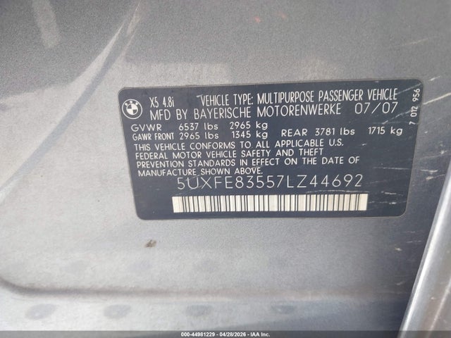 Aukcja sprzedaży 2007 Bmw X5 4.8i, vin: 5UXFE83557LZ44692, numer aukcji: 44981229