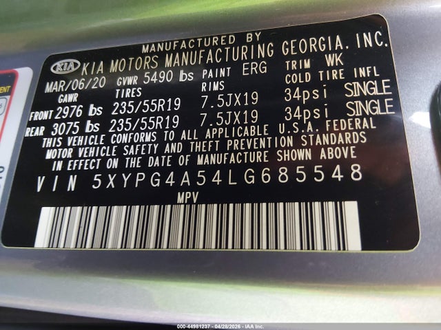 Aukcja sprzedaży 2020 Kia Sorento 3.3l S, vin: 5XYPG4A54LG685548, numer aukcji: 44981237