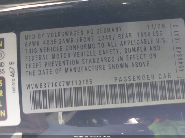 Продаж на аукціоні авто 2007 Volkswagen Rabbit 2-door, vin: WVWBR71KX7W110195, номер лоту: 44981239