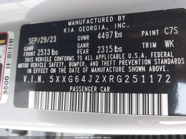 44981255 :رقم المزاد ، 5XXG64J2XRG251172 vin ، 2024 Kia K5 Gt-line مزاد بيع