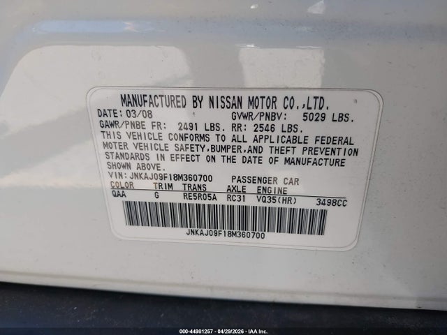 2008 Infiniti Ex35 Journey მანქანა იყიდება აუქციონზე, vin: JNKAJ09F18M360700, აუქციონის ნომერი: 44981257