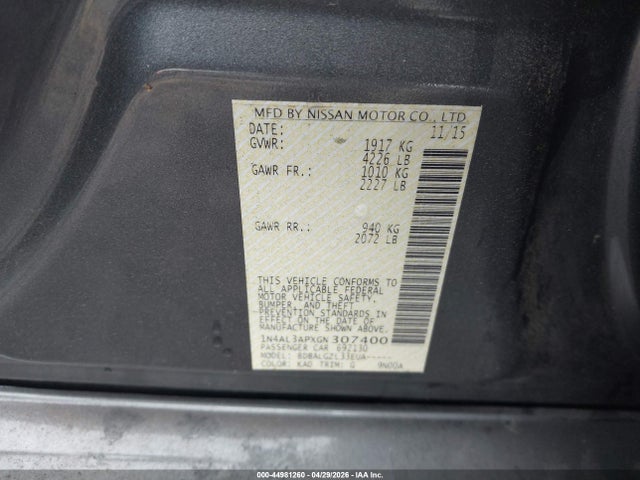 44981260 :رقم المزاد ، 1N4AL3APXGN307400 vin ، 2016 Nissan Altima 2.5/2.5 S/2.5 Sl/2.5 Sr/2.5 Sv مزاد بيع