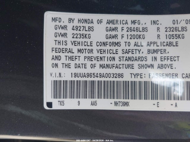 2009 Acura Tl 3.7 მანქანა იყიდება აუქციონზე, vin: 19UUA96549A003286, აუქციონის ნომერი: 44981267