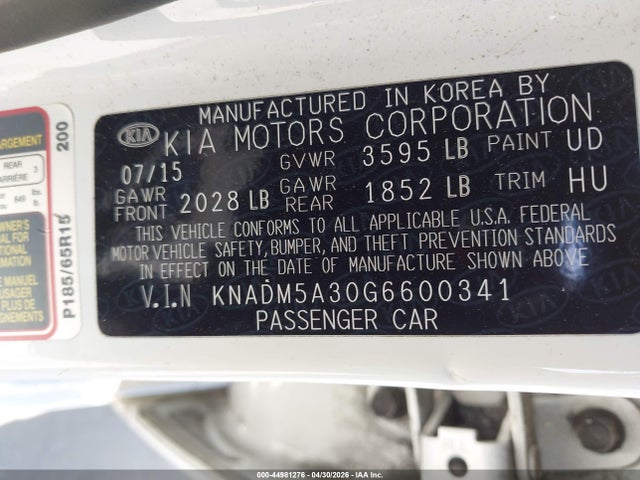 2016 Kia Rio Lx მანქანა იყიდება აუქციონზე, vin: KNADM5A30G6600341, აუქციონის ნომერი: 44981276
