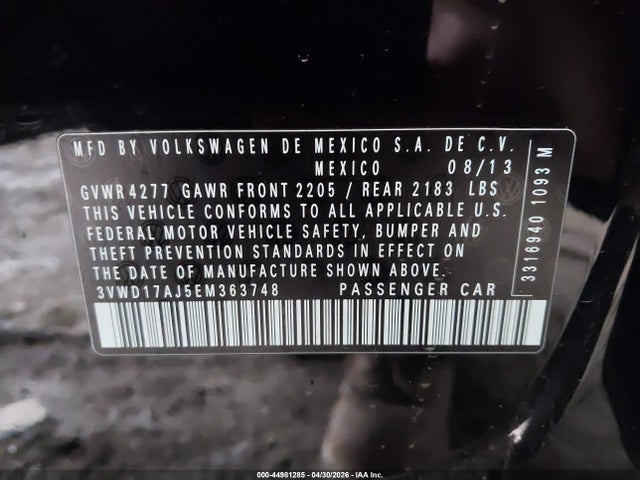 2014 Volkswagen Jetta 1.8t Se მანქანა იყიდება აუქციონზე, vin: 3VWD17AJ5EM363748, აუქციონის ნომერი: 44981285