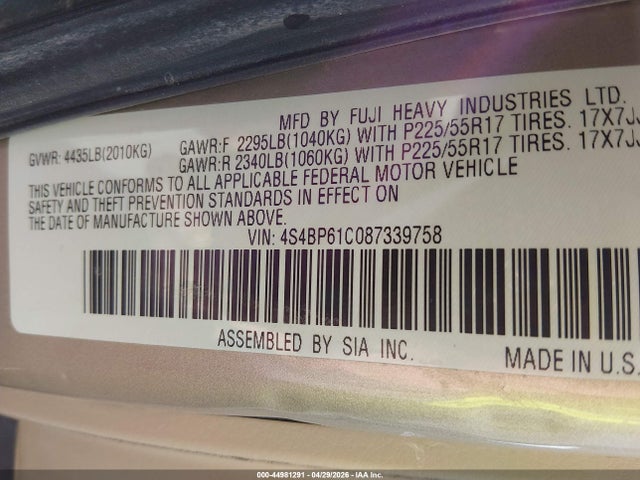 44981291 :رقم المزاد ، 4S4BP61C087339758 vin ، 2008 Subaru Outback 2.5i/2.5i L.l. Bean Edition مزاد بيع