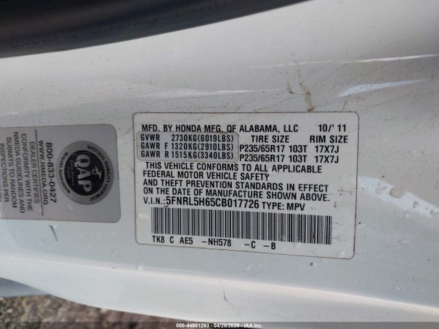 44981293 :رقم المزاد ، 5FNRL5H65CB017726 vin ، 2012 Honda Odyssey Ex-l مزاد بيع