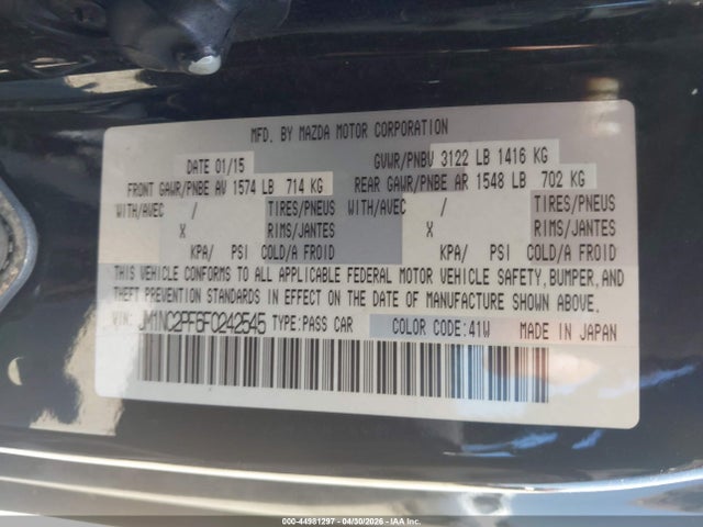 44981297 :رقم المزاد ، JM1NC2PF6F0242545 vin ، 2015 Mazda Mx-5 Miata Grand Touring مزاد بيع