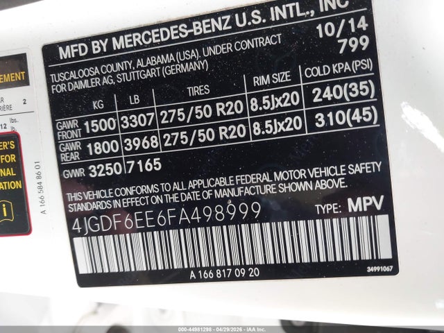 44981298 :رقم المزاد ، 4JGDF6EE6FA498999 vin ، 2015 Mercedes-benz Gl 450 4matic مزاد بيع