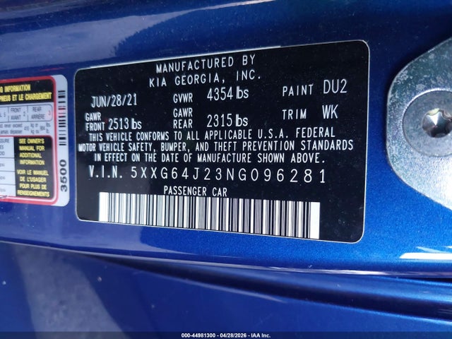 Aukcja sprzedaży 2022 Kia K5 Gt-line, vin: 5XXG64J23NG096281, numer aukcji: 44981300