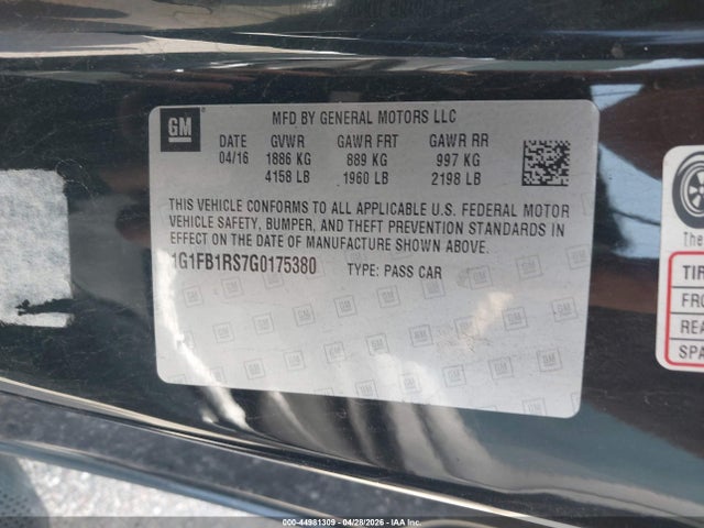 Aukcja sprzedaży 2016 Chevrolet Camaro 1lt, vin: 1G1FB1RS7G0175380, numer aukcji: 44981309