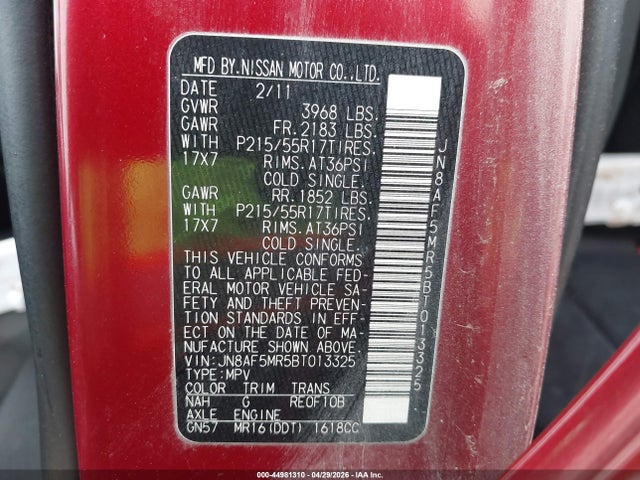 Aukcja sprzedaży 2011 Nissan Juke Sv, vin: JN8AF5MR5BT013325, numer aukcji: 44981310