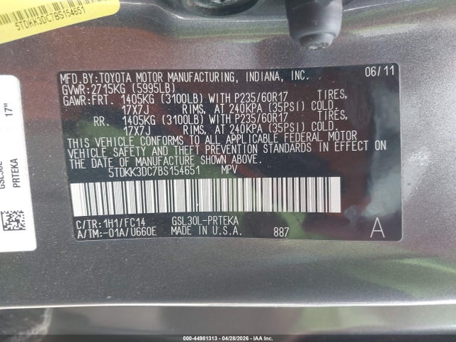 Продажа на аукционе авто 2011 Toyota Sienna Le V6, vin: 5TDKK3DC7BS154651, номер лота: 44981313