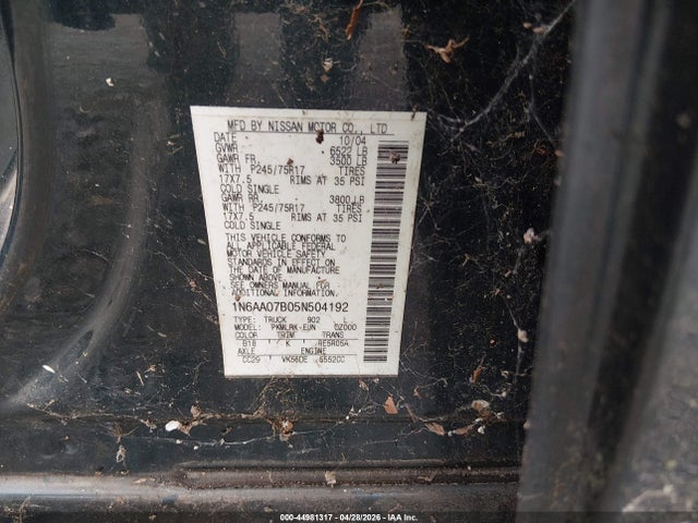 Продажа на аукционе авто 2005 Nissan Titan Xe, vin: 1N6AA07B05N504192, номер лота: 44981317