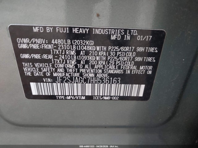 Продажа на аукционе авто 2017 Subaru Forester 2.5i Premium, vin: JF2SJAGC7HH536163, номер лота: 44981323
