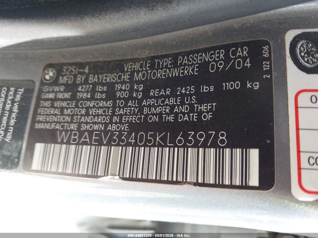 44981329 :رقم المزاد ، WBAEV33405KL63978 vin ، 2005 Bmw 325i مزاد بيع