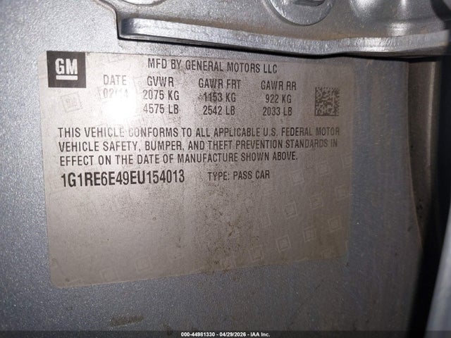 44981330 :رقم المزاد ، 1G1RE6E49EU154013 vin ، 2014 Chevrolet Volt مزاد بيع