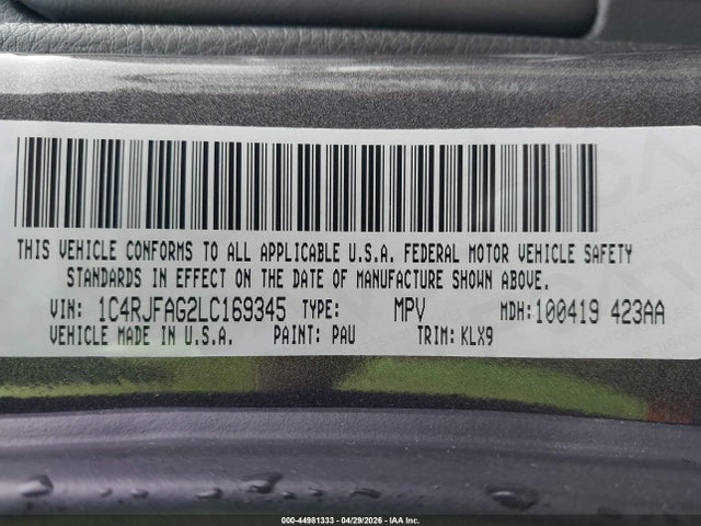 Aukcja sprzedaży 2020 Jeep Grand Cherokee Laredo E 4x4, vin: 1C4RJFAG2LC169345, numer aukcji: 44981333