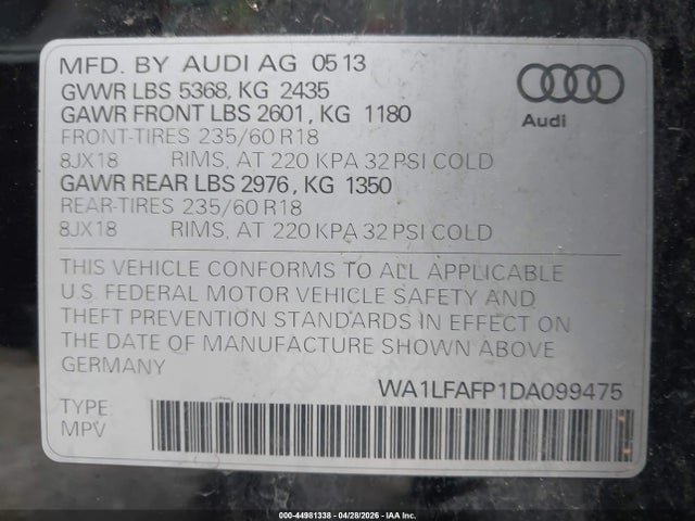 Aukcja sprzedaży 2013 Audi Q5 2.0t Premium, vin: WA1LFAFP1DA099475, numer aukcji: 44981338