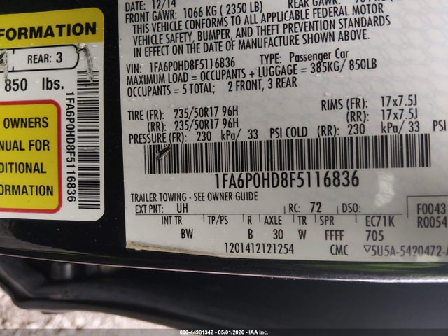 44981342 :رقم المزاد ، 1FA6P0HD8F5116836 vin ، 2015 Ford Fusion Se مزاد بيع