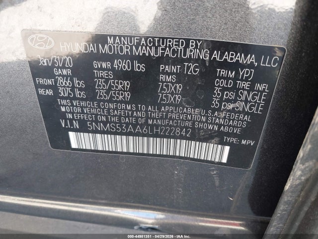 Продажа на аукционе авто 2020 Hyundai Santa Fe Limited 2.0t, vin: 5NMS53AA6LH222842, номер лота: 44981351
