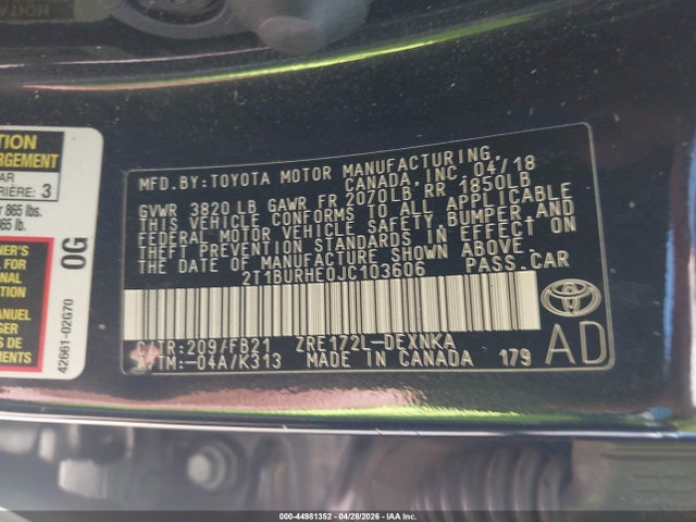 Продажа на аукционе авто 2018 Toyota Corolla Le, vin: 2T1BURHE0JC103606, номер лота: 44981352