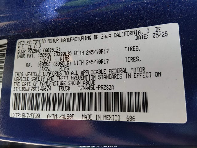 2025 Toyota Tacoma Sr5 მანქანა იყიდება აუქციონზე, vin: 3TMLB5JN7SM140674, აუქციონის ნომერი: 44981354
