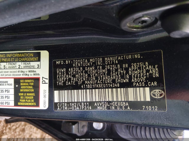 4T1BD1FK6EU114348 Toyota Camry Hybrid Xle