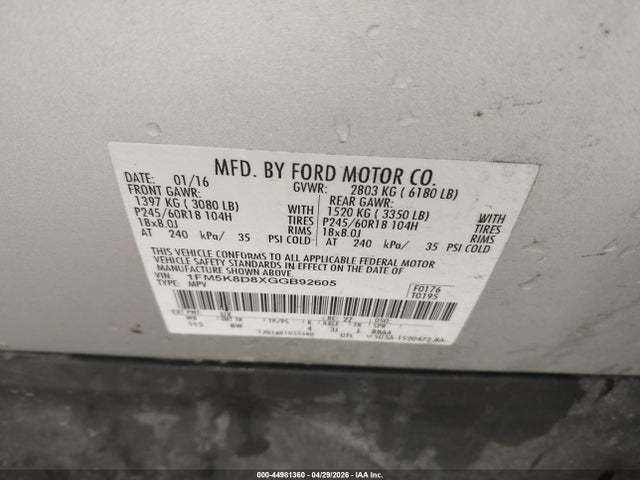 Ford EXPLORER XLT 2016 1FM5K8D8XGGB92605 Image 9