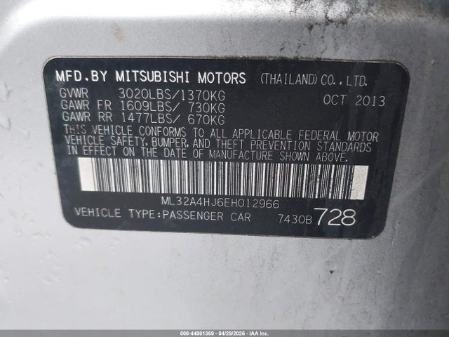 Aukcja sprzedaży 2014 Mitsubishi Mirage Es, vin: ML32A4HJ6EH012966, numer aukcji: 44981369