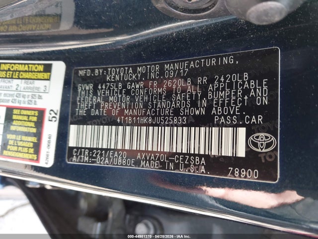 4T1B11HK8JU525833 Toyota CAMRY SE