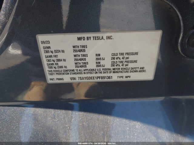 Продаж на аукціоні авто 2023 Tesla Model Y, vin: 7SAYGDEE1PF891361, номер лоту: 44981374