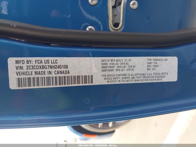 Auction sale of the 2022 Dodge Charger Sxt Rwd, vin: 2C3CDXBG7NH240108, lot number: 44981381