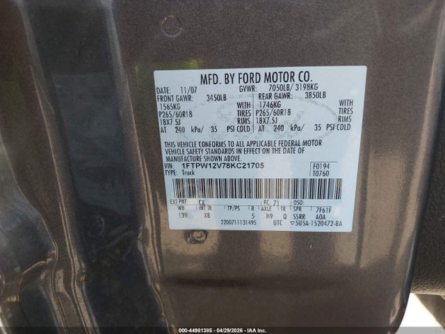 Aukcja sprzedaży 2008 Ford F-150 60th Anniversary/fx2/king Ranch/lariat/xlt, vin: 1FTPW12V78KC21705, numer aukcji: 44981385