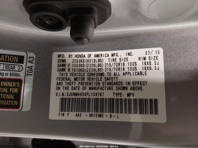 Продаж на аукціоні авто 2015 Honda Cr-v Lx, vin: 5J6RM4H34FL104767, номер лоту: 44981414