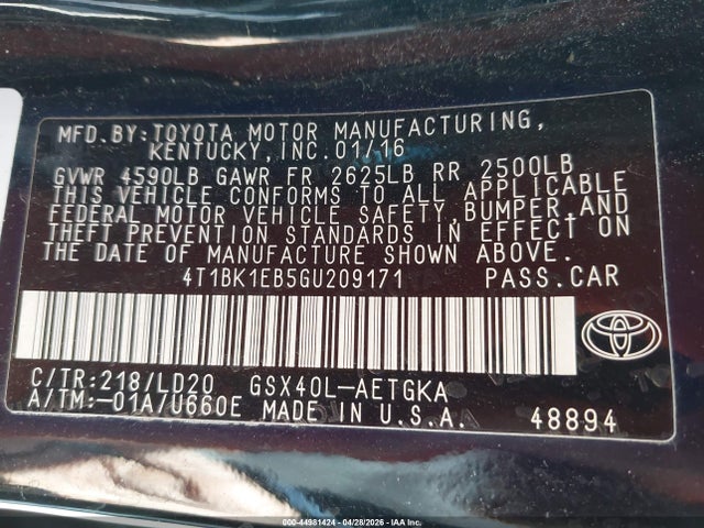 4T1BK1EB5GU209171 Toyota AVALON XLE