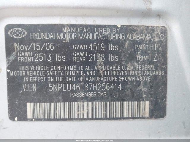 44981426 :رقم المزاد ، 5NPEU46F87H256414 vin ، 2007 Hyundai Sonata Limited/se V6 مزاد بيع
