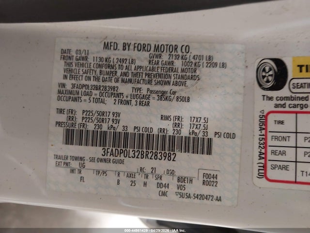 2011 Ford Fusion Hybrid მანქანა იყიდება აუქციონზე, vin: 3FADP0L32BR283982, აუქციონის ნომერი: 44981429