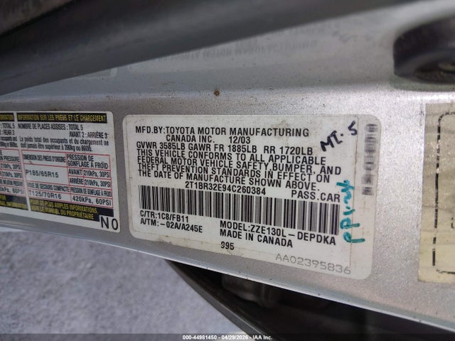 Продажа на аукционе авто 2004 Toyota Corolla Ce, vin: 2T1BR32E94C260384, номер лота: 44981450