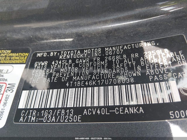 Продаж на аукціоні авто 2007 Toyota Camry Le, vin: 4T1BE46K17U708038, номер лоту: 44981458