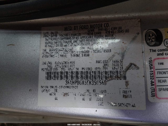 Aukcja sprzedaży 2012 Ford Fusion S, vin: 3FAHP0GA5CR350568, numer aukcji: 44981460